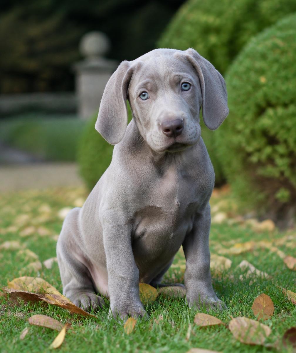 Weimaraner puppy in autumn meadow