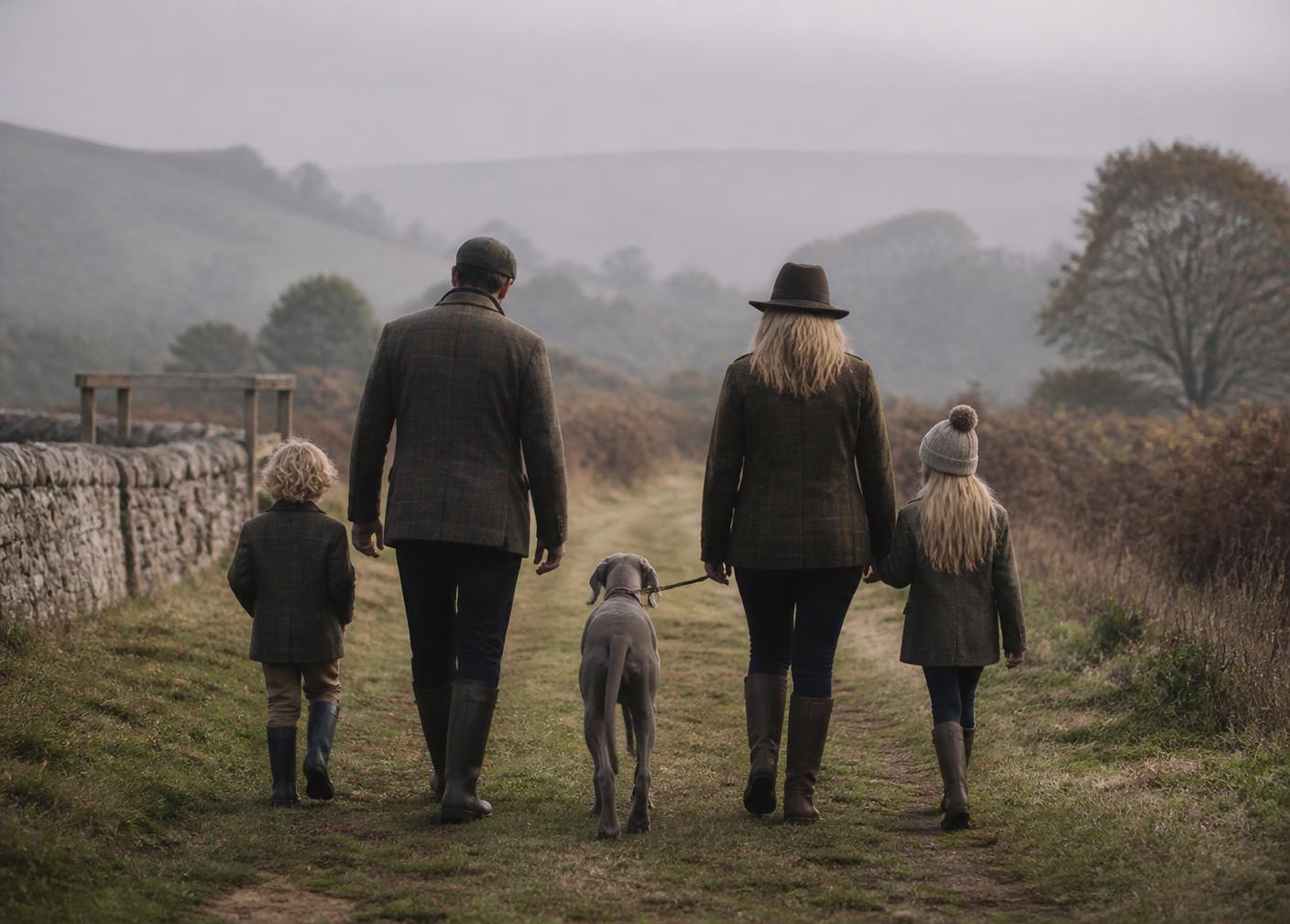 Family walking a Weimaraner