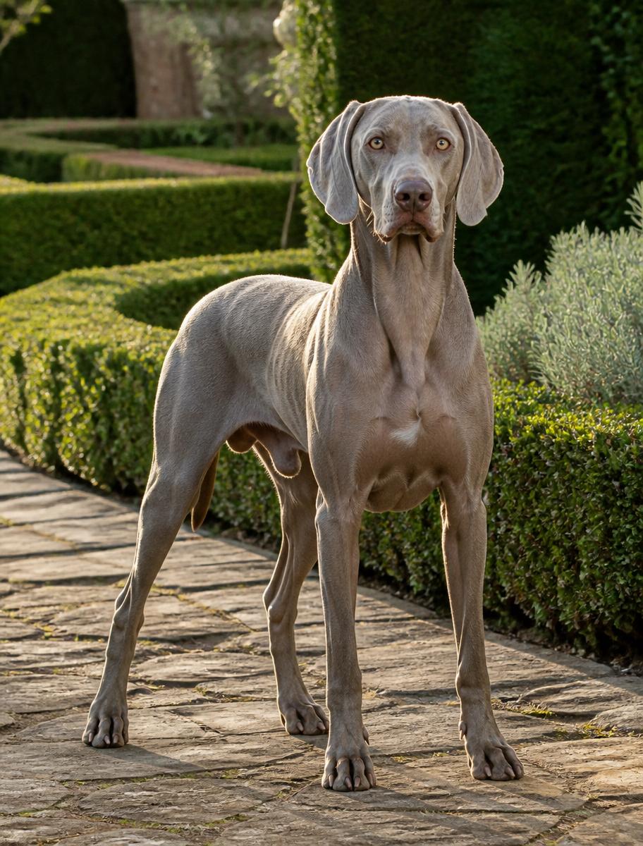 Weimaraner on garden path