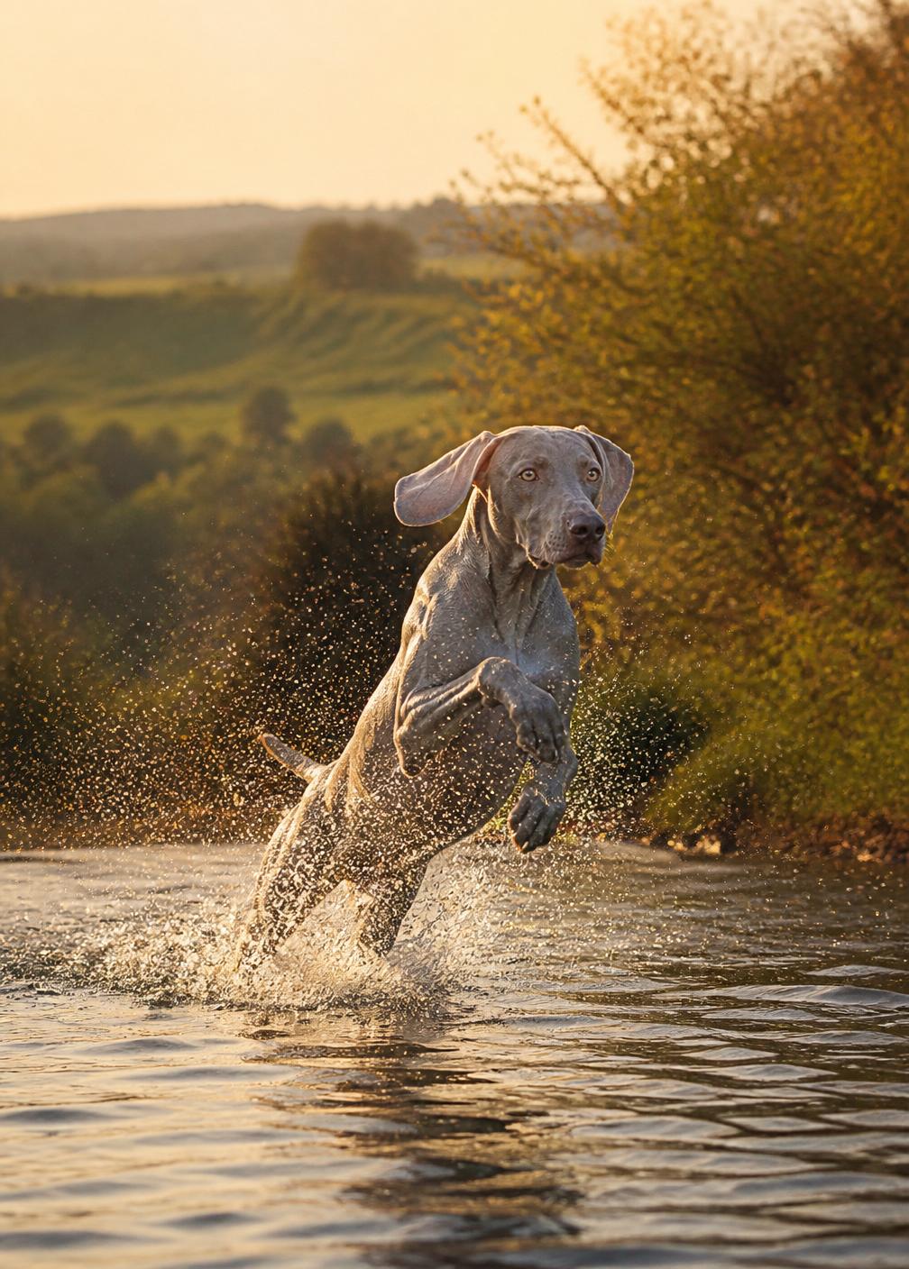 Weimaraner leaping through river