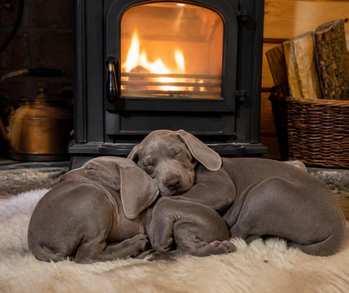 Weimaraner puppies asleep by fire